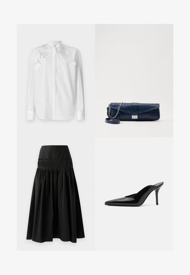 White long-sleeve shirt in cotton with a mandarin collar. Features layered ruffle accents on the shoulders and button closure at the front.; Black knee-length skirt made of smooth fabric, featuring a fitted waistband and gathered design for fullness.; Black patent leather high-heeled mule with a pointed toe and a sleek silhouette, featuring an open back and a slender stiletto heel.; Navy blue leather clutch with a crocodile texture, silver chain strap, and metallic clasp. Rectangular shape with foldover design.