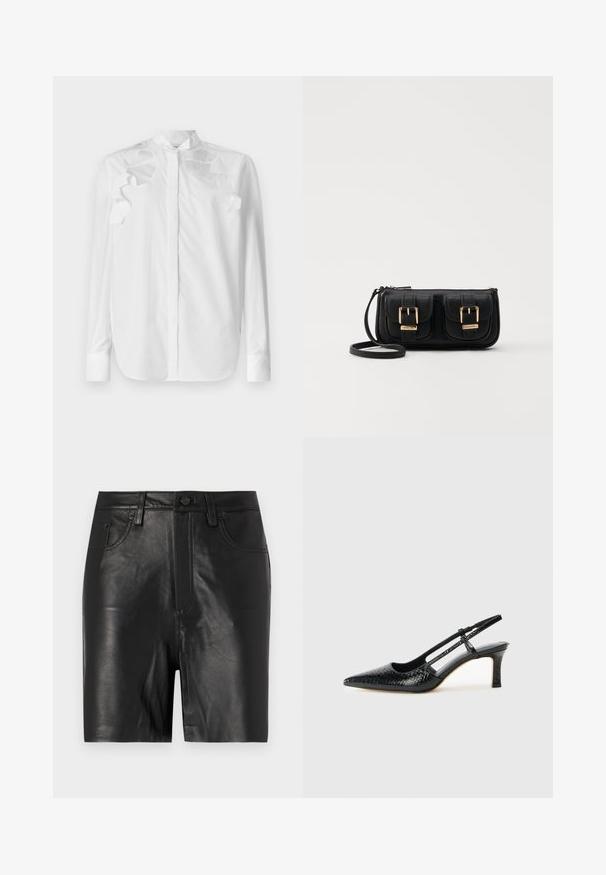 Camicia bianca a maniche lunghe in cotone con colletto alla mandarino. Presenta dettagli a rouches sovrapposti sulle spalle e chiusura a bottoni sulla parte anteriore.; Pantaloni corti in pelle nera con una trama liscia, dotati di zip frontale, chiusura a bottone e classico design a cinque tasche.; Slingback con tacco in vernice nera con punta affusolata, caratterizzato da una stampa a serpente testurizzata, cinturino regolabile e un tacco corto e testurizzato.; Borsa a tracolla nera in pelle con due tasche frontali, fibbie dorate, chiusura con zip e una tracolla sottile. Superficie texturizzata e forma rettangolare compatta.