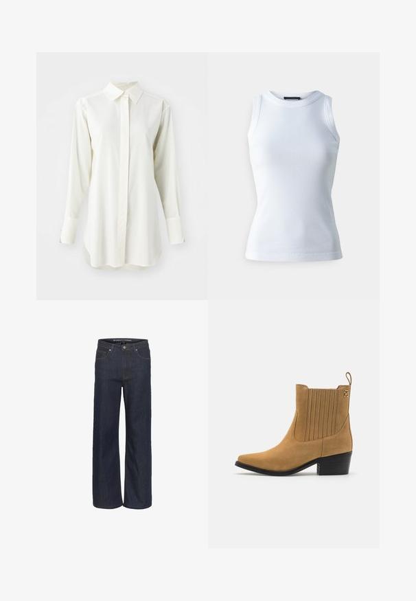 Chemise blanche à manches longues avec un col classique, boutons à l'avant et ourlet droit. Fabriquée dans un tissu lisse avec une coupe légèrement décontractée.; T-shirt sans manches blanc en tissu côtelé, avec un col rond et une silhouette ajustée. Texture lisse, sans motifs ni accents visibles.; Jean large en denim foncé avec une taille haute, comportant cinq poches, une couture contrastante et un ourlet brut en bas.; Bottine en suede beige avec un bout pointu, des panneaux latéraux nervurés et un talon bloc noir. Dispose d'une sangle de tirage pour un enfilage facile.