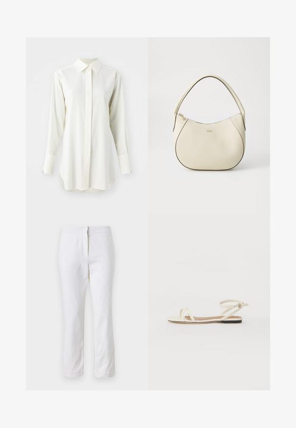 Valge pikkade varrukate käisteta särk klassikalise kraega, nupuvajutusega esiosaga ja sirge hemiga. Valmistatud siledast kangast, mis on veidi lõdva lõikega.; Valged puuvillased püksid sirge lõikega, keskmise kõrgusega vöökoht ja ilma nähtavate detailide või mustriteta. Ühtlane sile tekstuur.; Kreemivärvi nahast lamedad sandaalid õhukeste ristiliste rihmadega, pahkluu rihm lukuga, minimalistlik disain ja kontrastne must põhja.; Kreemivärvi käsipott, millel on tekstureeritud viimistlus, kumer kuju, lühike käepide ja kuldse tooniga logo detail. Ülemine lukustus.
