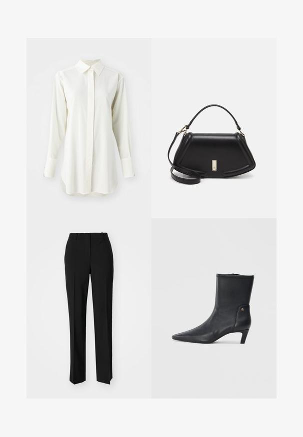 Weißes langärmliges Hemd mit klassischem Kragen, Knopfleiste und geradem Saum. Hergestellt aus glattem Stoff mit einer leicht lockeren Passform.; Schwarze, taillierte Hose mit geradem Bein, aus einem glatten Stoff und mit klaren Falten an der Vorderseite. Keine sichtbare Hardware.; Schwarze Leder-Stiefeletten mit spitzem Zehenbereich und niedrigem Absatz. Sie haben eine glatte Textur und ein kleines goldenes Logo-Detail an der Seite.; Schwarze Lederhandtasche mit einem strukturierten Design, das eine verkürzte Form, einen oberen Griff und goldfarbene Hardware-Details aufweist. Verstellbarer Schulterriemen ist enthalten.