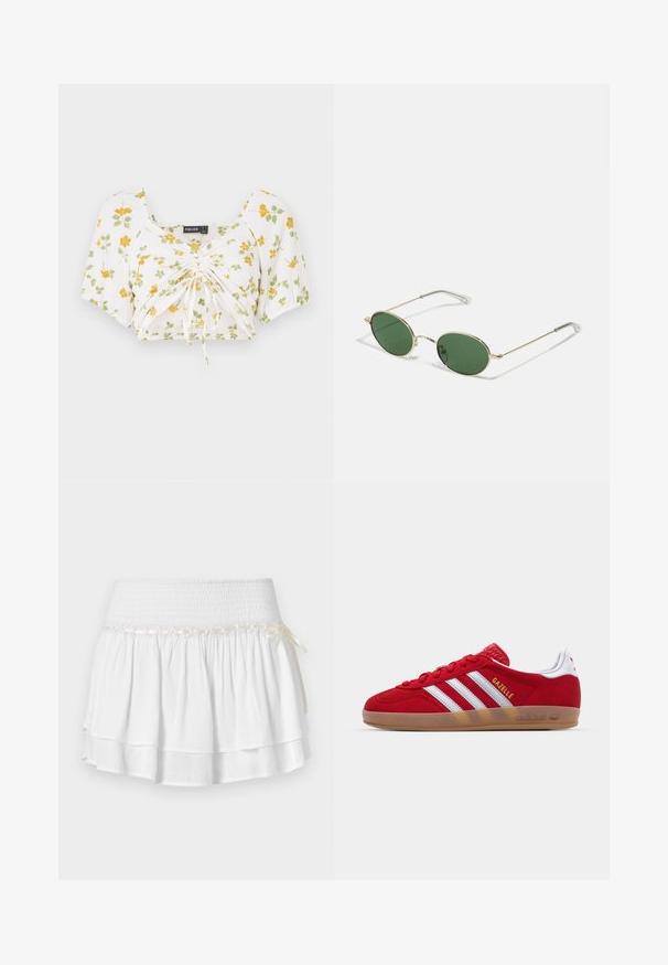Weißes Crop-Top mit kurzen Puffärmeln, verziert mit gelben und grünen Blumenmustern. Raffung in der Mitte mit verstellbaren Kordeln für eine optimale Passform.; Weißer Stufenrock mit elastischem Bund, der mit einem strukturierten Rüschenmuster und einem dekorativen Bandakzent versehen ist. Baumwollstoff.; Rote Wildleder-Sneaker mit weißem Dreistreifen-Design und goldenem "Gazelle"-Schriftzug. Besitzt eine Gummisohle und eine strukturierte Ferse.; Sonnenbrille mit goldenem Rahmen, grünen ovalen Gläsern und dünnen Metallarmen. Verfügt über klare Kunststoffspitzen an den Armen für zusätzlichen Komfort.; Geflochtene Strohtasche mit braunen Lederakzenten, zwei Griffen und einem abnehmbaren Gurt. Kurvenform mit einem stabilen Boden.