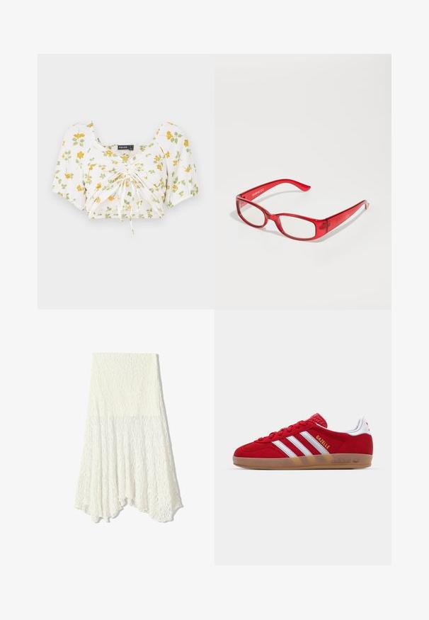 Bela krpica s kratkimi rokavi, okrašena z rumenim in zelenim cvetličnim vzorcem. Na sredini nabran, z nastavljivimi vrvicami za prilega.; Bela čipkasta krila z teksturno vzorcem, z asimetrično spodnjico in tekočo silhueto, izdelana iz lahkega materiala.; Rdeči semišniki z belo tridoločeno zasnovo in zlatim besedilom "Gazelle". Imajo gumo podplat in texturiran petni del.; Rdeče plastične očalne okvirje s pravokotnim okvirjem, prozornimi lečami in tankimi ročaji. Logotip blagovne znamke "even&odd" je vtisnjen na stranskem delu.; Rdeča sijoča usnjena torbica v trikotni obliki, širokim vrhnjim odprtjem in enim ukrivljenim ročajem. Gladka textura z minimalnimi šivi.; Ogrlica iz biserov z okroglimi belimi biseri, z zlatim nazobčenim obeskom v obliki kapljice in zlatim zapiranjem, ki poudarja gladko teksturo in minimalistični dizajn.