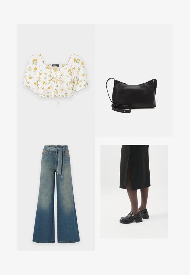 White crop top with short puff sleeves, featuring yellow and green floral print. Ruched center with adjustable drawstrings for fit.; Wide-leg denim trousers featuring a light to dark blue gradient, high waist, belt loops, and a matching fabric belt. Textured denim finish.; Black leather shoes with a rounded toe, thick block heel, and elastic side accents, paired with dark tights and a black skirt with a slit.; Black leather shoulder bag with a smooth texture, curved shape, adjustable strap, and a zip closure. Minimalist design without embellishments.