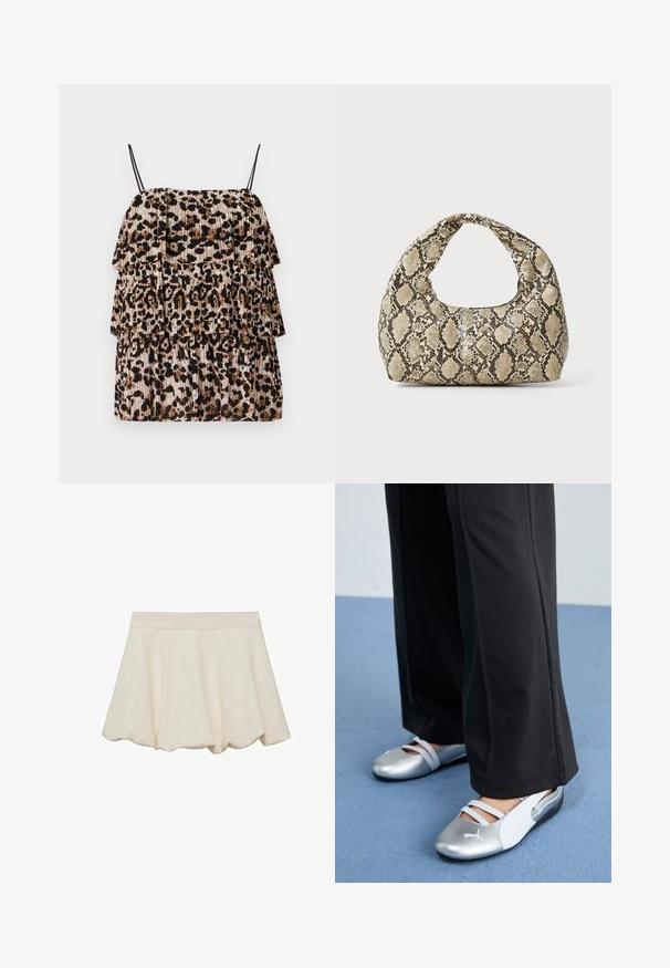 Top en imprimé léopard avec trois volants en cascade, conçu en tissu léger. Présente des bretelles noires fines et une texture plissée beige et marron.; Jupe de couleur crème avec une texture douce et lisse, design évasé et ourlet festonné. Dispose d'une large ceinture élastique pour le confort.; Chaussures plates argentées et blanches avec des sangles croisées et des détails texturés, complétées par un pantalon noir ample. Sur un sol bleu.; Sac à main en motif serpent avec une poignée incurvée. Fabriqué à partir de matériaux texturés beiges et bruns, présentant un motif en diamant distinctif.