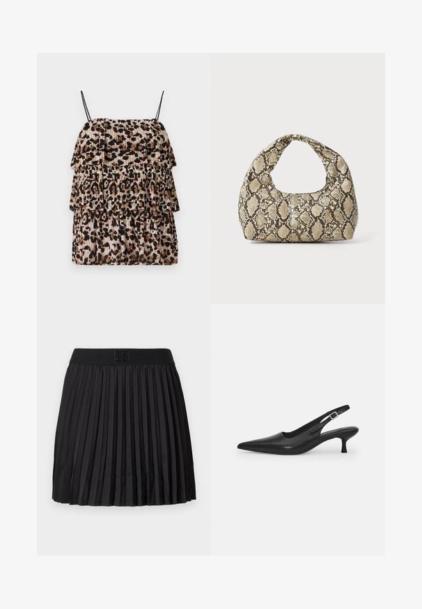 Leopard print top with three tiered ruffles, made of lightweight fabric. Features thin black straps and a pleated texture in beige and brown.; Black pleated skirt with a smooth texture, featuring a solid black waistband and an embossed logo detail at the front.; Black leather slingback shoe with a pointed toe and a slim, curved heel. Features a discrete adjustable strap with a metal buckle.; Snake-print handbag with a curved handle. Made from textured, beige and brown materials, featuring a distinctive diamond pattern.