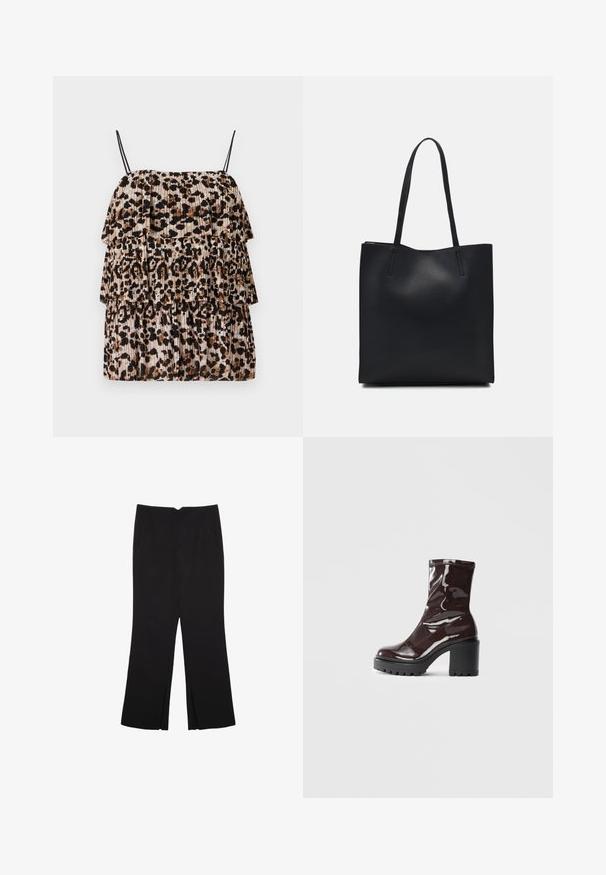 Leopardi-kuosiset yläosat, joissa on kolmekerroksiset röyhelöt, kevyestä kankaasta valmistettu. Ominaisuuksiin kuuluvat ohuet mustat hihnat ja laskostettu rakenne beige- ja ruskeasävyissä.; Mustat housut suoralinjaisella leikkauksella, joissa on etutaskut ja sivurei'ät helman alla. Valmistettu pehmeästä ja sileästä kankaasta. Sopii eri tilaisuuksiin.; Satea bordeaux berwarna mengkilap dengan tumit hitam tebal, menampilkan tekstur halus dan desain sederhana. Tanpa pengikat atau pola yang terlihat.; Mustapahkainen kangaskassi, jossa on sileä pinta, suorakaiteen muotoinen ja kaksi pitkää kahvaa. Ei näkyvää metalliosaa tai koristeita.