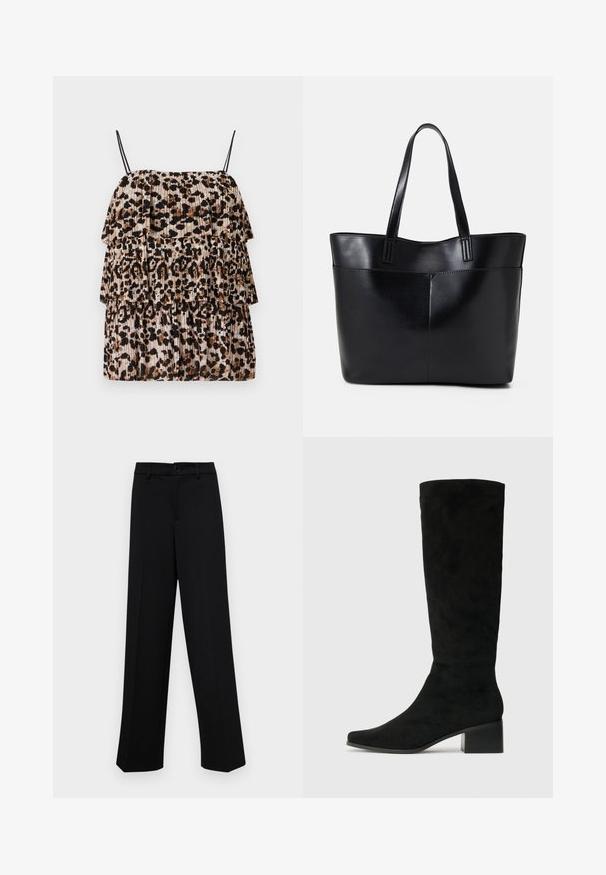 Leopardimustriga topp kolme kihilise volangiga, valmistatud kergest kangast. Omab õhukesi musti rihmasid ja pleeditud tekstuuri beežis ja pruunis.; Musta laiad püksid siledast kangast, millel on klassikaline vöökoht, nööbiga sulgemine ja ees voldid.; Knee-high mustast nahkasaapad terava varbaga ja jämeda ristkülikukujulise kontsaga, omades sileda tekstuuri ja minimalistikku disaini.; Must mustaga musta nahast, millel on kaks pikka kanda, sile tekstuur ja struktureeritud kuju. Esipoolsel on lisakoti jaoks tasku.