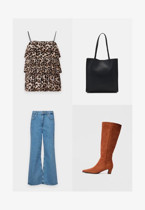 T-shirt com estampado de onça e três camadas de babados, feito de um tecido leve. Apresenta alças finas pretas e uma textura plissada em bege e castanho.; Jeans de brim azuis claros, com corte à boca de sino, apresentando uma cintura alta, cinco bolsos e um fecho de botão único. Textura macia com acabamento desbotado.; Bota alta de camurça castanha com biqueira fina e um pequeno salto quadrado, apresentando uma textura suave e um design minimalista.; Bolsa tote preta em couro com textura lisa, forma retangular e duas alças longas. Sem hardware ou enfeites visíveis.