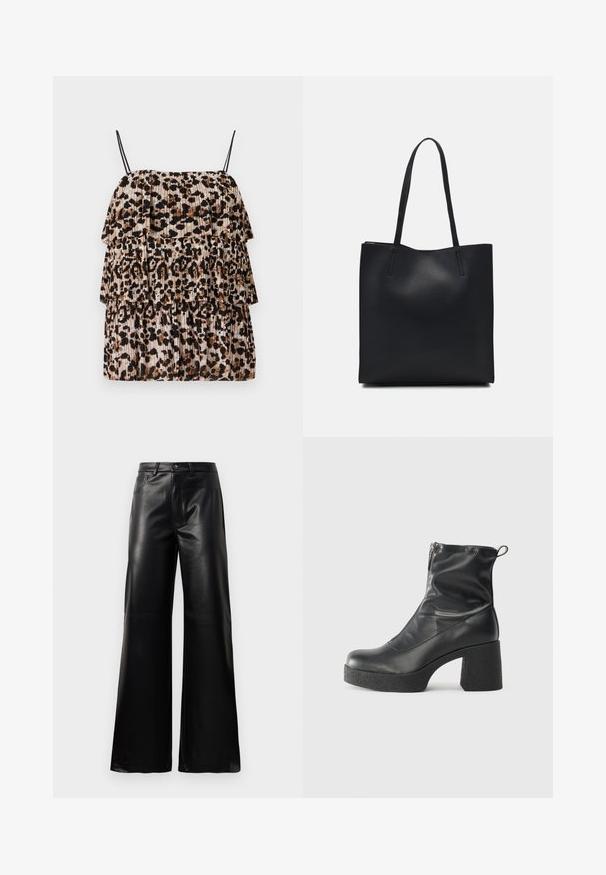 Top en imprimé léopard avec trois volants en cascade, conçu en tissu léger. Présente des bretelles noires fines et une texture plissée beige et marron.; Pantalons larges en faux cuir noire taille haute avec bouton avant, fermeture éclair, passants de ceinture et poches latérales sur fond blanc.; Bottes noires à la cheville en cuir lisse, dotées d'une fermeture éclair sur le côté, d'un talon épais texturé et d'une conception à bout rond.; Sac fourre-tout en cuir noir avec une texture lisse, de forme rectangulaire et deux longues poignées. Pas de matériel ou d'ornementations visibles.