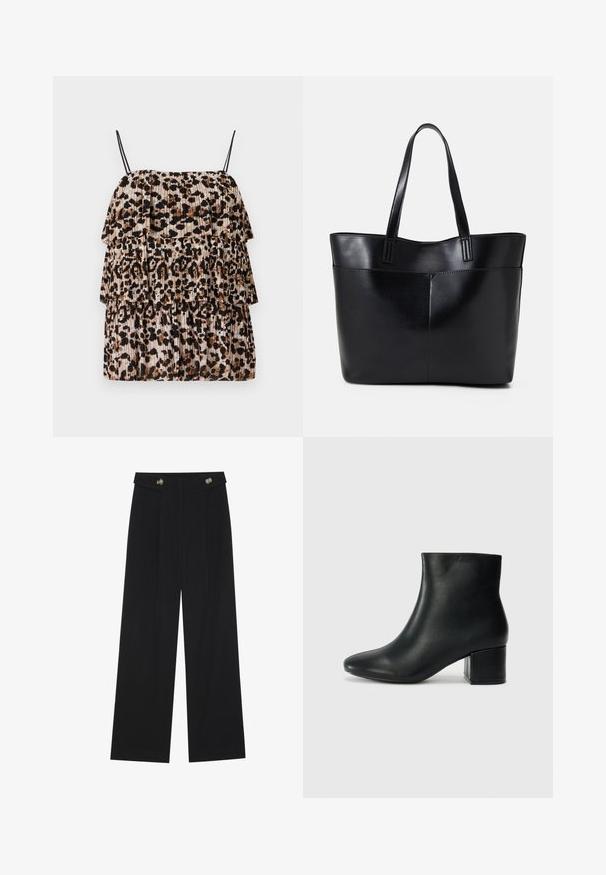 Leopard print top with three tiered ruffles, made of lightweight fabric. Features thin black straps and a pleated texture in beige and brown.; Black wide-leg trousers with high waist, button details on waistband, and front pleats.; Black leather ankle boots with a pointed toe and a chunky heel. Smooth texture with minimal accents and a sleek, fitted design.; Black leather tote bag with two long handles, a smooth texture, and a structured shape. Features a front pocket for additional storage.