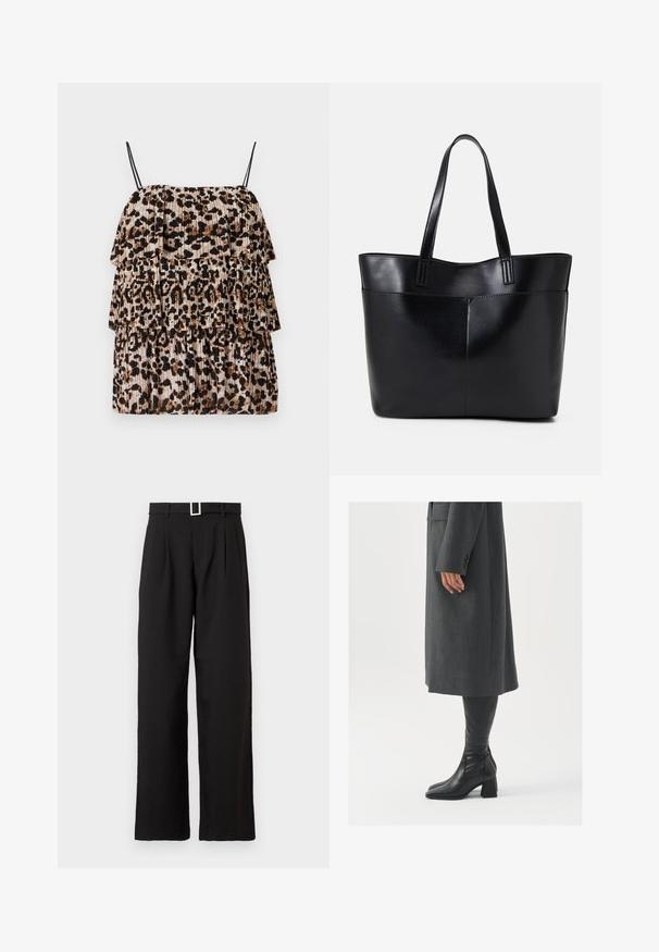 Oberteil mit Leopardenmuster und dreifach Rüschen, aus leichtem Stoff. Verfügt über dünne schwarze Träger und eine plissierte Textur in Beige und Braun.; Schwarze, hoch-taillierte, weite Beinkleider mit Gürtelschlaufen und einer silbernen rechteckigen Schnalle auf weißem Hintergrund.; Grau, maßgeschneiderter Überwurf mit geradem Schnitt; kombiniert mit knöchelhohen, schwarzen Lederstiefeln mit quadrater Zehenform und klobigem Absatz.; Schwarze Leder-Shopper-Tasche mit zwei langen Griffen, einer glatten Textur und einer strukturierten Form. Verfügt über eine Vordertasche für zusätzlichen Stauraum.