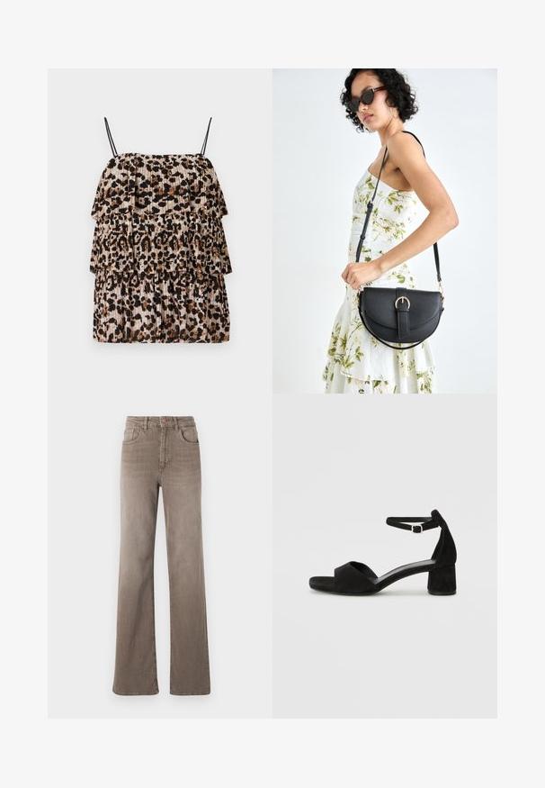 Leopardų rašto viršus su trimis sluoksniuotais nėriniais, pagamintas iš lengvos medžiagos. Turi plonus juodus petnešas ir raukšlėtą tekstūrą smėlio ir rudos spalvos.; Rudos aukšto liemens tiesios kojos džinsai su priekyje esančiu mygtuku, dirželio kilpomis ir klasikiniu penkių kišenių dizainu baltoje fone.; Juodos aksominės basutės su plona kulkšnies juosta, atvira pirštų dalimi ir nedideliu blokuotų kulniukų. Lygus paviršius ir minimalūs akcentai.; Juodas odinis krepšys su išlenkta forma, nuimamu dirželiu ir auksiniais detalėmis. Krepšys turi kilpą su sagtimi.