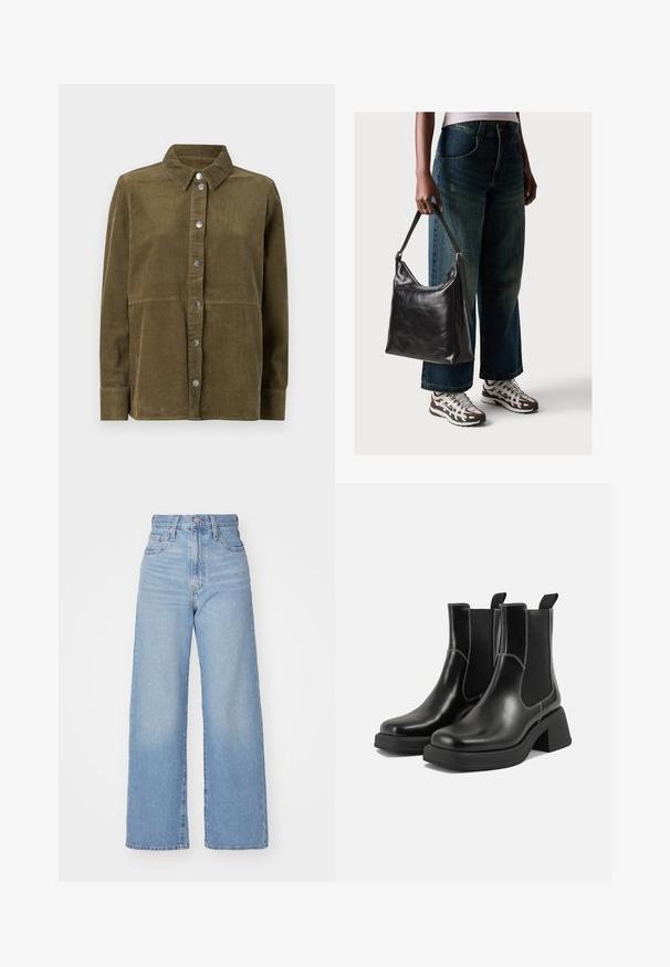 Camisa-jaqueta de corduroy verde-oliva com gola, mangas longas, botões prateados e textura vertical canelada.; Jeans de cintura alta e perna larga em azul claro, com fecho frontal de botão e zíper, bolsos frontais e traseiros, sobre um fundo branco.; Botas Chelsea em couro preto com um salto grosso, painéis laterais elásticos e costura branca em contraste. Acabamento texturizado.; Bolsa de ombro em couro preto com textura suave e alça ajustável, combinada com jeans de perna larga desbotados e ténis desportivos.