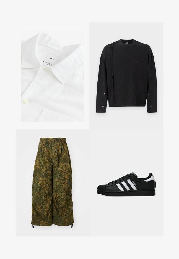 Chemise en lin blanche avec un col pointu, une fermeture à un bouton et une poche poitrine. Étiquette indiquant "NEXT," taille M. Texture douce.; Sweatshirt noir à manches longues avec un col ras du cou, présentant un logo discret à l'avant et des détails pression sur les manches, fabriqué en tissu doux.; Pantalons à jambes larges avec un imprimé camouflage pixelisé vert et marron, fermeture à bouton et cordons à l'ourlet.; Baskets Adidas Superstar noires avec rayures blanches, bout en coque, et texte "Superstar" sur le côté, montrées en profil sur fond blanc.