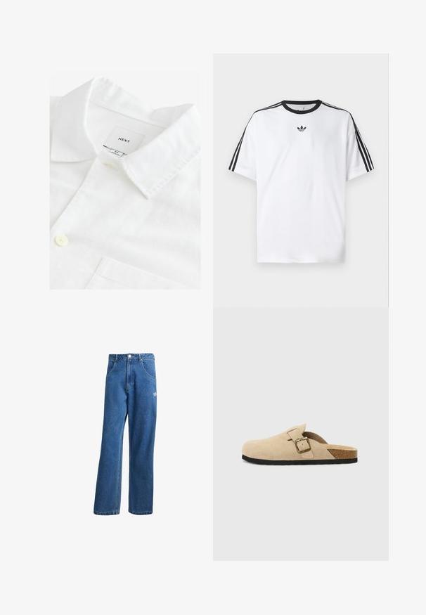 Weißes Leinenhemd mit spitzen Kragen, einer Knopfverschluss und einer Brusttasche. Etikett trägt die Aufschrift "NEXT," Größe M. Weiche Textur.; Weißes T-Shirt aus Baumwolle mit einem schwarzen, runden Halsausschnitt und drei schwarzen Streifen auf jeder Schulter. Kleines schwarzes Logo auf der Brust.; Blaue hohe, weite Jeans mit Fronttaschen, Gürtelschlaufen, Knopfverschluss und kleinem Adidas-Logo am rechten Oberschenkel.; Beige Wildleder-Slipper mit einem Korkfußbett, runder Zehenpartie und einem einfachen Riemen mit einer goldfarbigen Schnalle. Gummi-Sohle für besseren Halt.