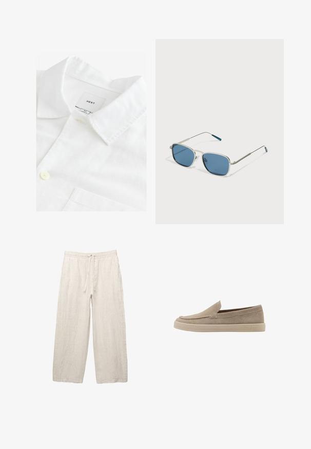 Weißes Leinenhemd mit spitzen Kragen, einer Knopfverschluss und einer Brusttasche. Etikett trägt die Aufschrift "NEXT," Größe M. Weiche Textur.; Leinenhosen in hellbeige, mit einem elastischen Bund und Zugkordel, weitem Beinansatz und seitlichen Taschen. Glatte Textur.; Beige Wildleder-Slipper mit abgerundeter Spitze, niedrigem Profil und strukturiertem Finish. Mit dezenten Steppnähten entlang des Obermaterials.; Sonnenbrille mit einem silbernen Metallrahmen, rechteckigen blauen Gläsern und dünnen Bügeln. Verfügt über blaue Akzente an den Bügelspitzen.