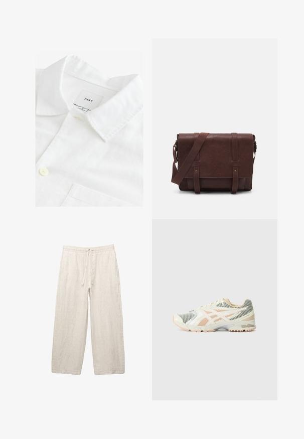 Chemise en lin blanche avec un col pointu, une fermeture à un bouton et une poche poitrine. Étiquette indiquant "NEXT," taille M. Texture douce.; Pantalon en lin beige clair, avec une taille élastique dotée d'un cordon de serrage, un design large et des poches latérales. Texture lisse.; Chaussures de course légères en blanc avec des panneaux en maille, accents rose pâle et une semelle texturée. Détails réfléchissants sur le design supérieur.; Sac en cuir marron de style messager avec un rabat plat à l'avant, deux sangles, des accents en métal doré et une bandoulière adjustable.