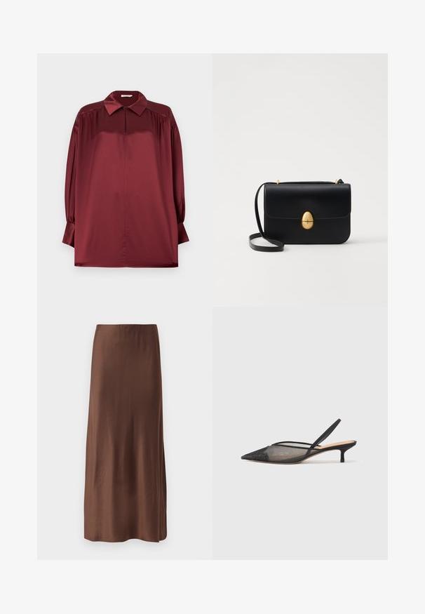 Blusa de satén burdeos de manga larga con cuello puntiagudo, hombros plisados y puños abotonados sobre un fondo liso.; Falda midi de satén marrón con una textura suave, con un corte recto y sin patrones ni adornos visibles. Diseño simple y elegante.; NEOUS IRENA - Tacones - black; Bolso de mano de cuero negro con forma rectangular estructurada. Presenta un cierre ovalado dorado y una delgada correa para el hombro. Textura suave.