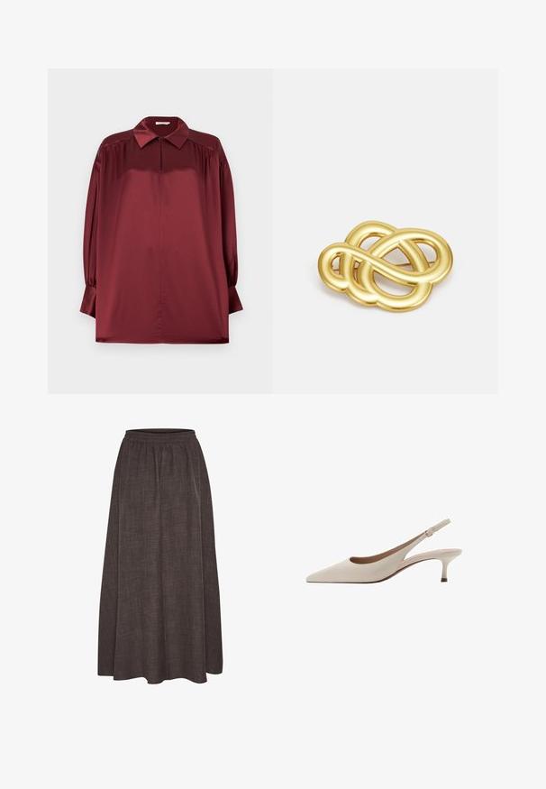 Bluzka z długim rękawem w kolorze bordowym, wykonana z satyny, z ostrym kołnierzykiem, plisowanymi ramionami i mankietami zapinanymi na guziki na jednolitym tle.; Maxi spódnica w ciemnym brązie, wykonana z teksturowanej tkaniny z elastycznym pasem. Szeroka, swobodna sylwetka nie posiada widocznych wzorów ani akcentów.; Beżowe szpilki slingback z zakończeniem w szpic i niskim, rozkloszowanym obcasem. Wykonane z gładkiej skóry, o minimalistycznym wzornictwie i regulowanym pasku.; Brożka w odcieniu złotym z knotowym wzorem, posiadająca gładkie, zaokrąglone linie oraz misterny kształt, odzwierciedlająca wypolerowaną powierzchnię.