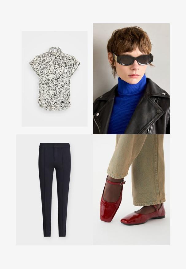 Short-sleeve button-up shirt in cream with black abstract spots. Collared design, slightly curved hem, and soft fabric texture.; Navy blue tailored pants made of smooth fabric, featuring a fitted silhouette, front pleats, and a concealed zip fly with button closure.; Red patent leather shoes with a square toe, low heel, and ankle strap, paired with light green wide-leg jeans. Smooth texture, reflective surface.; Black sunglasses with rounded edges and tinted lenses. Features gold accent hardware on the temples. Worn with a blue ribbed turtleneck and leather jacket.