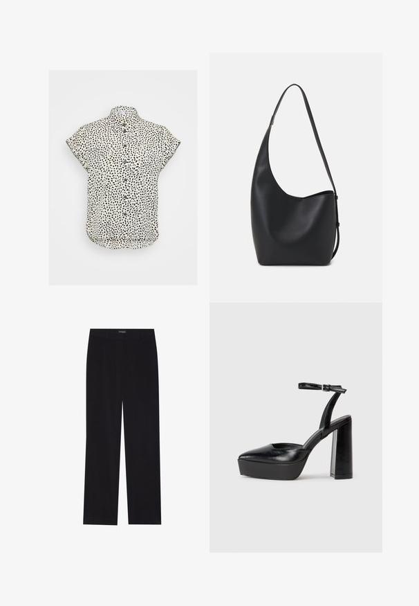 Short-sleeve button-up shirt in cream with black abstract spots. Collared design, slightly curved hem, and soft fabric texture.; Black corduroy trousers with a straight cut, featuring a flat waistband and no visible pockets, smooth texture, and vertical ribbing detail.; Black platform heels with a pointed toe and adjustable ankle strap. Constructed from smooth leather, featuring a chunky block heel.; Black leather hobo bag with a smooth texture, curved shape, and single adjustable strap; features a wide opening at the top.