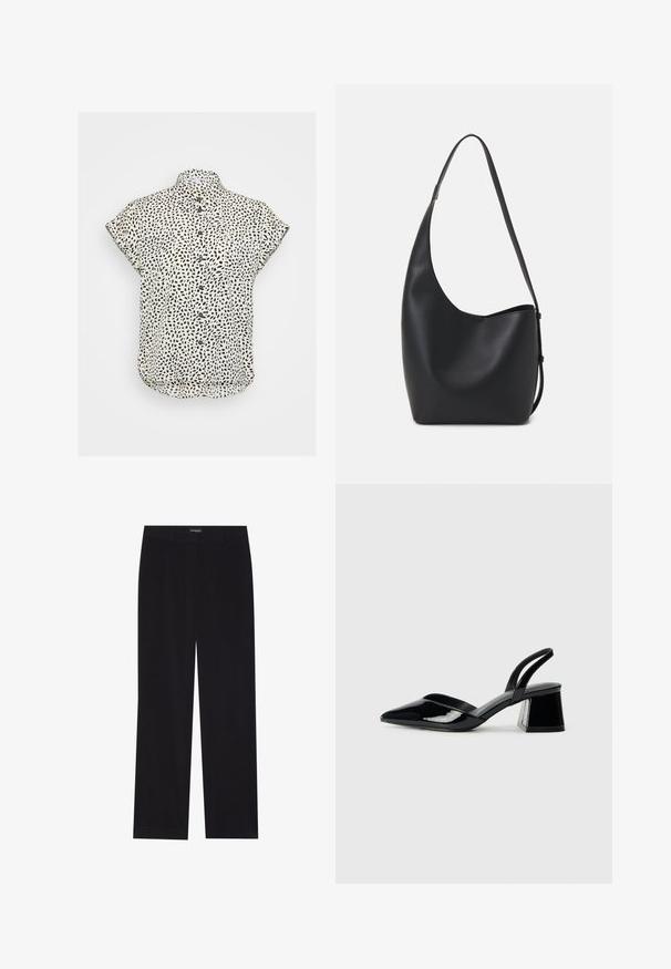 Kreminės spalvos trumpomis rankovėmis mygtukų marškiniai su juodais abstract dėmėtais. Su apykakle, šiek tiek kreiviu hemu ir minkšta audinio tekstūra.; Juodi švelnūs štrichiniai džinsai su tiesiu kirpimu, plokščiu liemeniu ir be matomų kišenių, su glotnia tekstūra ir vertikaliu briaunavimu.; Juodos lakuotos odinės šlepetės su smailiu pirštu ir geometriniu bloko kulnu. Turi elegantišką, minimalistinį dizainą ir lygų paviršių.; Juodas odinis hobo maišas su lygiu paviršiumi, kreipta forma ir viena reguliuojama rankena; turi platų atidarymą viršuje.