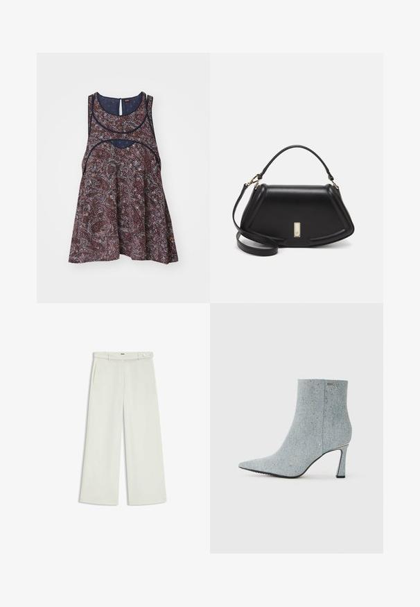 Floral-patterned sleeveless top in dark hues with light accents, featuring a round neckline and a keyhole back detail, made of lightweight fabric.; Wide-leg pants in light cream fabric, featuring side pockets, a flat front, and a single button closure at the waist. Smooth texture.; Denim ankle boot with pointed toe, light blue color, and embellished with small silver studs. Features a stiletto heel and textured fabric.; Black leather handbag with a structured design, featuring a cropped shape, top handle, and gold hardware accent. Adjustable shoulder strap included.