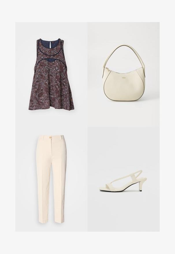 Kukkakuosiset ilmanhihaiset toppi tummissa sävyissä, joissa on vaaleita yksityiskohtia. Topissa on pyöreä kaula-aukko ja avainreikäselkäys, ja se on valmistettu kevyestä kankaasta.; Kermanväriset, korkeavyötäröiset housut, jotka on valmistettu teksturoidusta kankaasta. Ominaisuuksia etunappi ja kapenevat lahkeet.; Beige sandaalit, joissa on loiva korko, ohuet hihnat ja neliönmallinen varvasosa. Sileä materiaali, jossa on minimaalista yksityiskohtaa, suunniteltu helppokäyttöiseksi.; Kermakallinen käsilaukku tekstuuripinnalla, kaarevassa muodossa, lyhyellä varrella ja kultaisella logotunnuksella. Vetoketjukiinnitys ylhäällä.