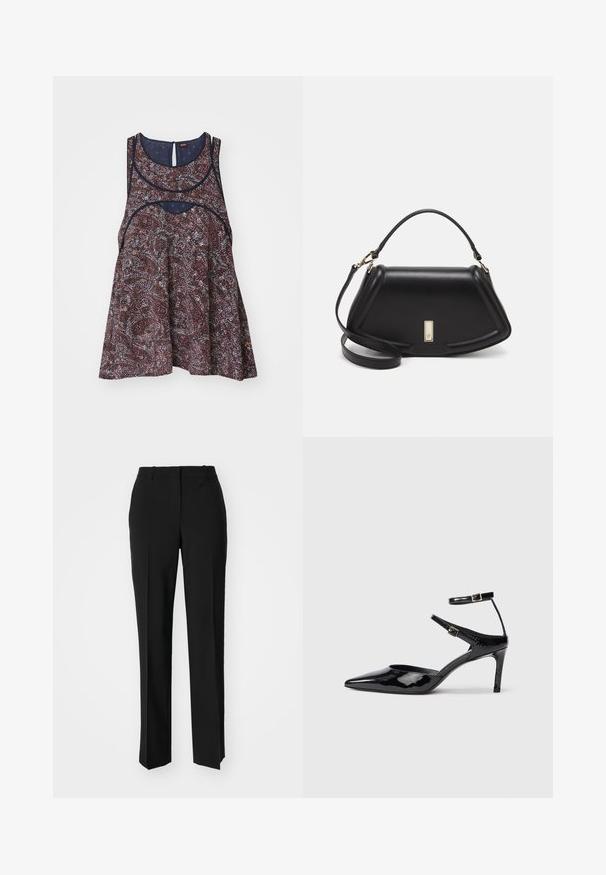 Mouwloze top met bloempatroon in donkere tinten met lichte accenten, voorzien van een ronde halslijn en een sleutelgatdetail aan de achterkant, gemaakt van lichtgewicht stof.; Zwarte op maat gemaakte broek met een recht model, voorzien van een soepele textuur en scherpe plooien aan de voorkant. Geen zichtbare hardware.; Zwarte laarzen van gepatenteerd leer met een spitse neus, verstelbare enkelbandjes en een slanke hak. Gladde textuur met een glanzende afwerking.; Zwarte leren handtas met een gestructureerd ontwerp, featuring een verkorte vorm, bovenhandvat en gouden hardwareaccent. Inclusief verstelbare schouderband.