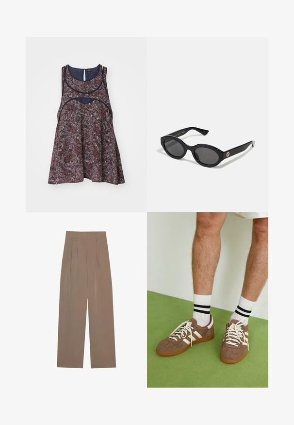 Blomstermønstret ermeløs topp i mørke nyanser med lyse detaljer, med rund halslinje og en nøkkelhullsdetalj bak, laget av lett stoff.; Brune plis bukser med en vid ben design, med en flad talje og sidelommer, lavet af et letvægtsstof.; Brune mokkasko med hvite detaljer og snøring. Gummisåle. Brukt med hvite sokker med svarte striper. Grønn teksturert gulv.; Sorte ovale solbriller med mørke linser og blank plastramme. Har gulllogo på stengene, og tilbyr et elegant og moderne design.