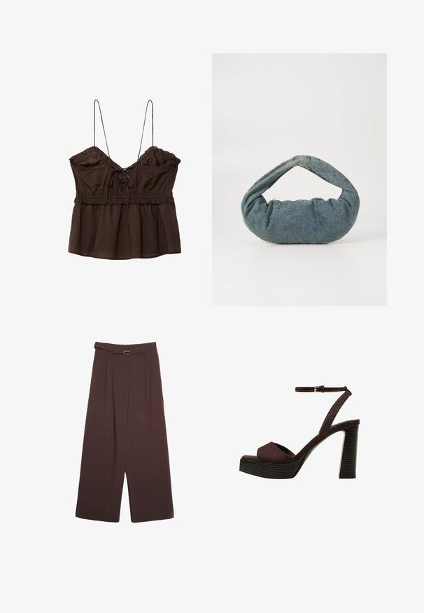 Rjav brezrokavnik s zbrano prsnico, nastavljivimi spaghetti naramnicami, volančastimi robovi ter sproščenim krojem z detajlom na vezalko.; Stradivarius WIDE-LEG WITH BUCKLE DETAIL - Hlače - dark brown; Rjave semiš sandale z visoko peto, odprto spredaj, z nastavljivim gležnjenjem in črtastim podplatom.; Modra denimska torba s oblazinjeno, zaobljeno obliko in ukrivljenim ročajem. Tekstura je mehka, z vidnimi šivi in gladko površino.