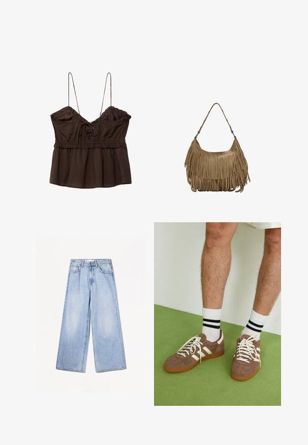 Braunes, ärmelloses Top mit gerafftem Dekolleté, verstellbaren Spaghettiträgern, rüschierten Kanten und einem lockeren Schnitt mit Schnürung.; Bershka WIDE-LEG - Wide Leg - light-blue denim; Braune Wildleder-Sneaker mit weißen Akzenten und Schnürsenkeln. Gummisohle in Kautschuk-Optik. Getragen mit weißen Socken, die schwarze Streifen haben. Grüner strukturierter Fußboden.; Braune Wildleder-Handtasche mit langen Fransen, einer geschwungenen Form und einem einzelnen Schultergurt. Verfügt über eine glatte, strukturierte Oberfläche.