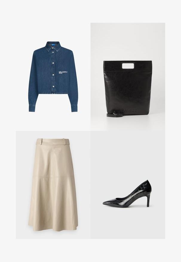 Džinsinė striukė, tamsiai mėlyna, trumpa dizaino, ilgomis rankovėmis su mygtukų švarkais, turi sidabrinius mygtukus ir siuvinėtą "KARL LAGERFELD JEANS" logotipą.; Smėlio spalvos odinė midi sijonas su lygiu paviršiumi, plačiu juosmeniu ir išplėstu apdaila; turi siūtas siūles papildomam akcentui.; Juodi smailėmis žeminti aukštakulniai bateliai su blizgiu paviršiumi ir subtiliu tekstūriniu raštu. Turintys vidutinio aukščio kulną ir atvirą gerklės dizainą.; Juoda odinė rankinė su kvadratiniu rankenu, su tekstūruotu paviršiumi ir įspaustu logotipu. Įeina nusiimama diržas.