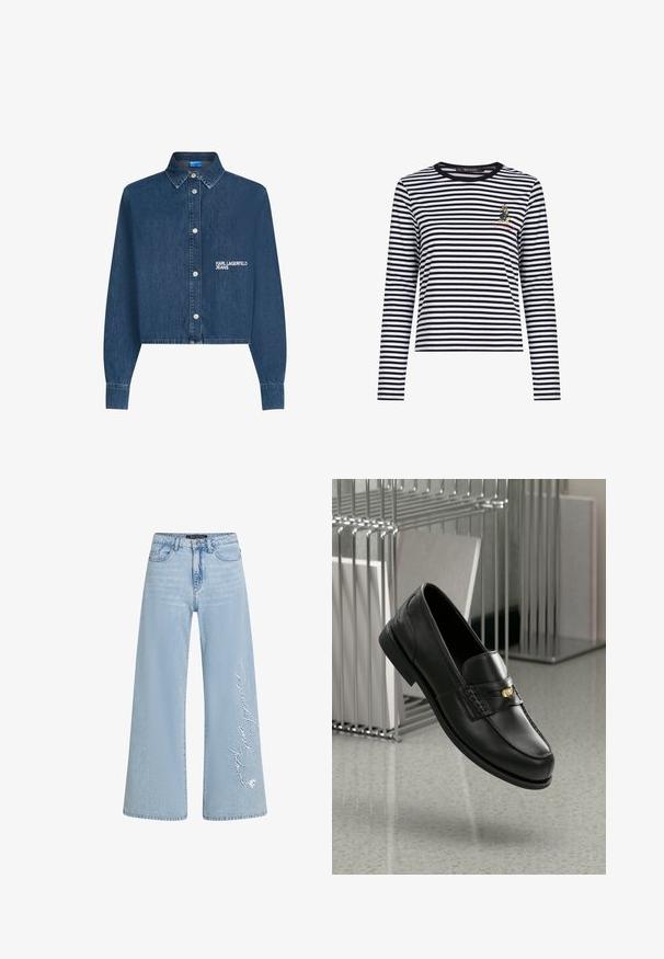 Sötétkék farmerdzseki, rövidített fazon, hosszú ujjak gombos mandzsettával, ezüstgombokkal és hímzett „KARL LAGERFELD JEANS” logóval.; Fekete és fehér csíkos, hosszú ujjú ing, kerek nyakkivágással és egy kis hímzett figura a mellkason. Puha anyag.; Világoskék, bőszárú farmernadrág, bal lábszáron „Donald és Daisy” hímzett felirattal. Klasszikus öt zsebes dizájn és övhurkok jellemzik.; Fekete bőr loaferek sima felülettel, dekoratív sávval és kis arany kiegészítővel. Az talp lapos, kerek orrú.