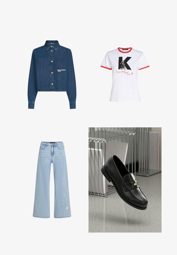 Denim jacket, dark blue, cropped design, long sleeves with button cuffs, features silver buttons, and embroidered "KARL LAGERFELD JEANS" logo.; White cotton t-shirt with red neckline and sleeve hems. Features a black 'K' and Donald Duck graphic with a signature in red.; Light blue wide-leg jeans in denim with stitched "Donald and Daisy" text on the left leg. Features classic five-pocket design and belt loops.; Black leather loafers with a smooth finish, featuring a decorative band and small gold accent. The sole is flat with a rounded toe.
