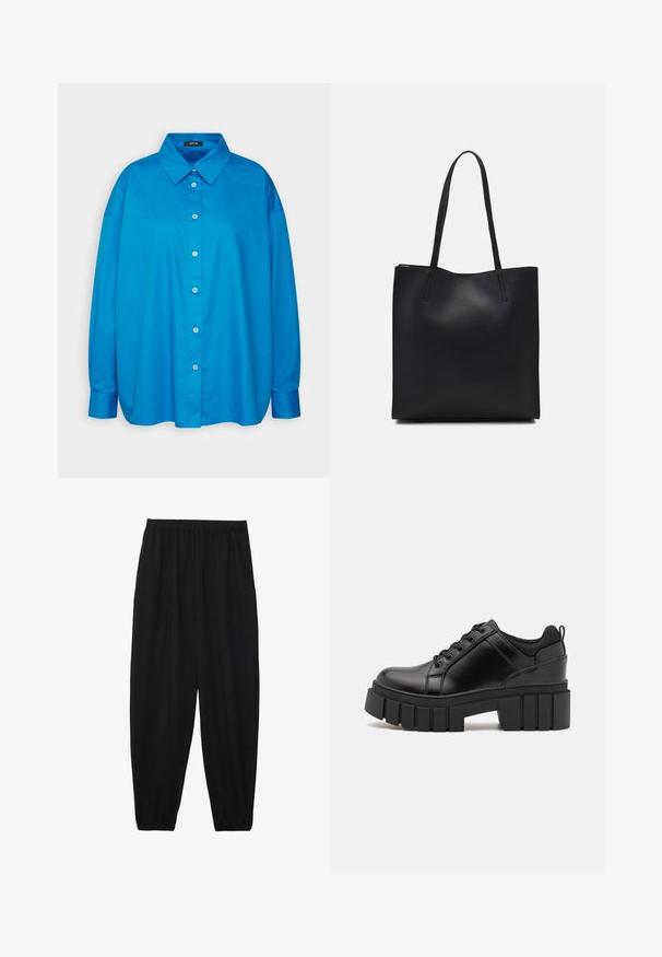 Zils pogu krekls ar norādītu apkakli, garām piedurknēm un taisnu piegriezumu. Gluda kokvilnas audums ar kontrastējošām baltām pogām.; Melnas, vieglas bikses ar elastīgu jostu un savilktiem potītiem. Audums ir gluds un to raksturo brīva, sašaurināta forma.; Melnas ādas platformas kurpes ar masīvu bloku papēdi, apaļu purngalu un tradicionālu saistīšanas dizainu. Izceļas ar gludu tekstūru un minimālu apdari.; Melnas ādas somiņa ar gludu tekstūru, taisnstūra formu un divām garām rokturiem. Nav redzamu aparatūras vai rotājumu.