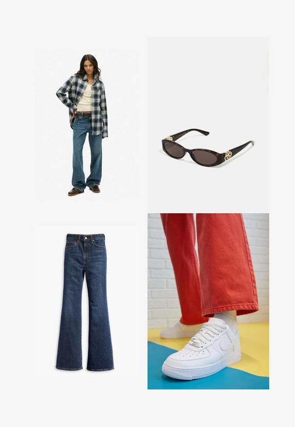 Superdry & Co OVERSIZED LONG SLEEVE LUMBER - Blusa - cedar check navy; Jeans de mezclilla de tiro alto en azul oscuro, con piernas acampanadas, cierre delantero de botón y cremallera, y diseño de cinco bolsillos.; Zapatilla de cuero blanco con caja de dedos perforada, suela texturizada y cordones blancos, combinada con pantalones rojos amplios y un fondo azul y amarillo.; Gafas de sol carey con lentes ovalados alargados, tintado marrón, acentos de logo dorado en las patillas y brazos negros elegantes.