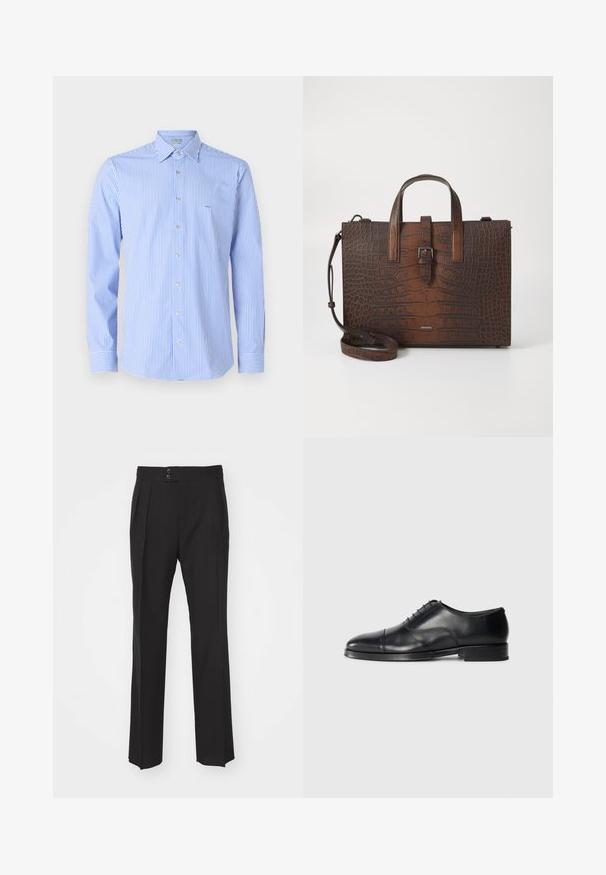 Cămașă în dungi cu dungi verticale albastre deschise și albe, guler căptușit, mâneci lungi și un mic logo pe piept.; Pantaloni negri din stofă ajustată cu un design drept, două buzunare frontale și închidere cu două butoane la talie. Textură de țesătură fină.; Pantofii din piele neagră, cu vârful rotund, textură netedă, design cu șireturi și un detaliu subtil de cusătură, având un toc jos și plat.; Geantă din piele cu embosare în formă de crocodil, maro, cu mânere superioare și un curea de umăr detașabilă. Dispune de o închidere cu cataramă și o formă rectangulară.