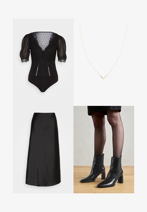 Schwarzer Body mit durchsichtigen Puffärmel, Spitze, gepunktetem Netz im Oberteil und dekorativem Besatz vorne.; Schwarzer Satin-Midi-Rock mit glatter Textur, A-Linien-Form und dezentem Glanz. Verfügt über ein elegantes, unkompliziertes Design ohne Verzierungen.; Schwarze Leder-Ankle-Boots mit spitzer Zehenform, klobigem quadratischem Absatz und schlankem Design. Verfügt über elastische seitliche Einsätze für leichtes An- und Ausziehen.; Goldfarbene Halskette mit einer dünnen Kette und einem V-förmigen Anhänger. Elegantes Design mit einer glatten, polierten Oberfläche und minimaler Detailgestaltung.