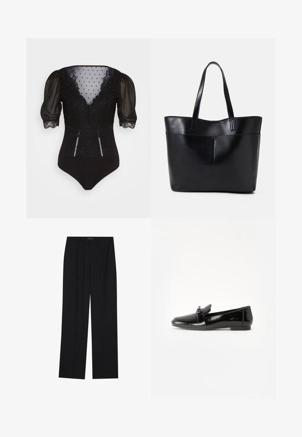 Juodas bodysuit'as su permatomomis pūkuotomis rankovėmis, nėrinių detalėmis, taškeliais padengtu kuo frakų sritimi ir dekoratyvine apdaila priekyje.; Juodos kelnes su tiesiomis sijonais, turinčios dvi priekinės kišenės ir juosmenį. Pagamintos iš lygios, lengvos medžiagos.; Juodas patentuotas odinis loaferis su plokščiu padu, apvaliu pirštu ir dekoratyvine juostele su auksine akcentu. Lygus, blizgantis paviršius.; Juoda odinė rankinė su dviem ilgais diržais, lygiu paviršiumi ir struktūrizuota forma. Yra priekinė kišenė papildomam saugojimui.