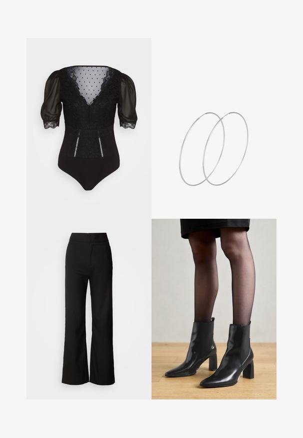 Čierny body s priesvitnými puff rukávmi, čipkovou aplikáciou, bodkovanou sieťovinou na trupe a dekoratívnym lemom pozdĺž prednej časti.; Čierne široké nohavice s hladkou textúrou, vysokým pásom a jednoduchým dizajnom. Žiadne viditeľné vrecká ani ozdoby.; Čierne kožené členkové topánky s špicatou špičkou, robustný štvorcový opätok a elegantný dizajn. Obsahujú elastické bočné panely pre jednoduché obúvanie.; Strieborné kruhové náušnice s minimalistickým dizajnom. Cirkulárny tvar, hladký povrch a tenký profil. Ľahké s lesklým povrchom.