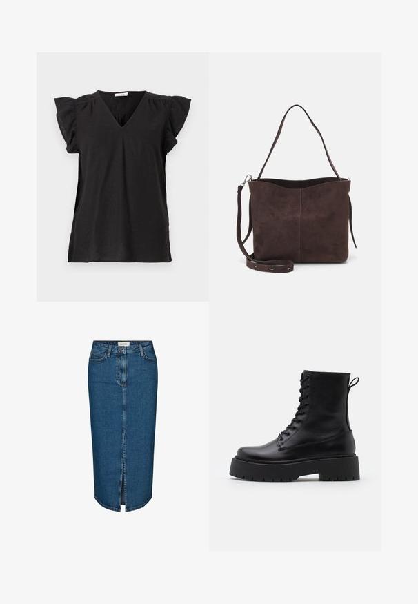 T-shirt nero a V con maniche corte e arricciate. Realizzato in tessuto leggero, presenta una vestibilità comoda e una leggera caduta.; Gonna a tubino in denim blu scuro, con uno spacco frontale, cinque tasche e cuciture a contrasto. Vita medio-alta con un design classico.; Stivaletti in pelle nera alla caviglia con punta rotonda, lace-up frontale e suola in gomma spessa con battistrada textured. Tassello sul retro.; Borsa a spalla in suede marrone con una texture morbida, caratterizzata da una singola tracolla e un'apertura superiore leggermente curvata. Nessun dettaglio hardware visibile.