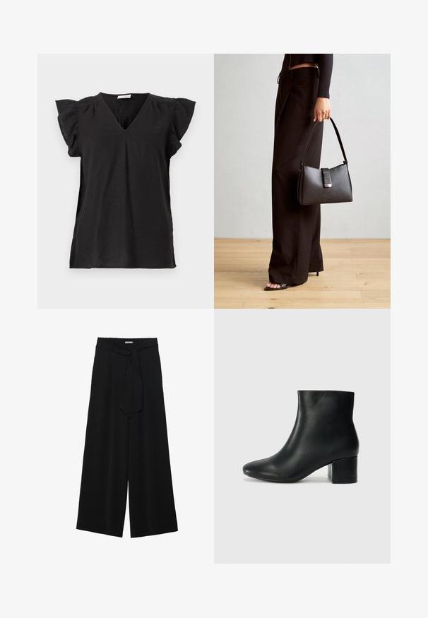 T-shirt preta de decote em V com mangas curtas e franzidas. Feita de um tecido leve, apresenta um corte descontraído e uma leve caimento.; Calças largas pretas com um tecido texturizado, uma cintura elástica e um laço destacável na cintura para um ajuste ajustável.; Botas de tornozelo em pele preta com bico pontiagudo e um salto robusto. Textura suave com acentos mínimos e um design ajustado e elegante.; Bolsa preta com forma estruturada, textura suave e um fecho metálico. Combinada com calças largas pretas e sandálias de salto aberto sobre um chão de madeira.