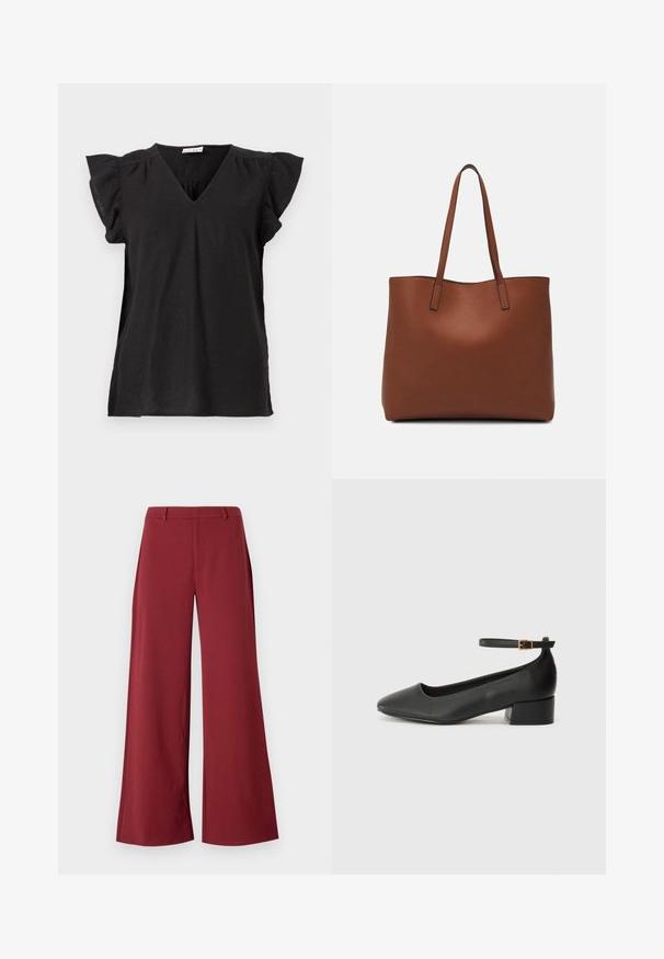 Fekete V nyakú póló rövid, fodros ujjal. Könnyű anyagból készült, laza szabású és enyhe eséssel rendelkezik.; Bő szabású nadrág mély bordó színben. Simára nyújtható anyagból készült, igényes varratokkal és elöl cipzárral.; Fekete bőr magassarkú cipő hegyes orral és alacsony tömb sarkal. Bokapánttal rendelkezik, aranyszínű csattal. Simább textúra.; Barna bőr vászontáska sima textúrával, nyitott tetejű dizájnnal és két vállpánttal. Minimális varrással és látható hardver nélkül készült.