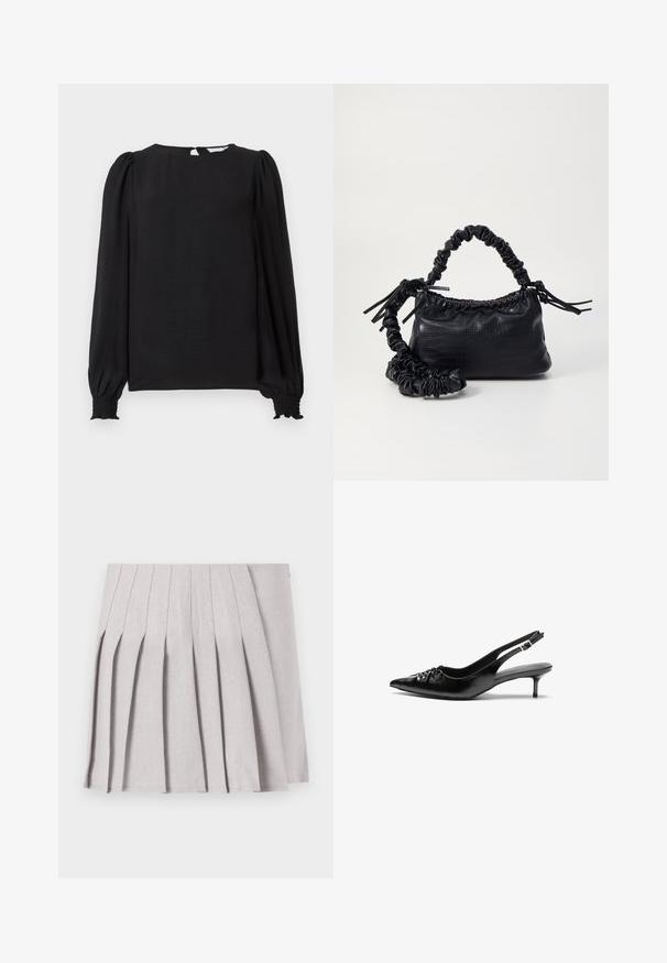 Blusa preta com mangas longas e bufantes. Apresenta um decote arredondado, abertura em forma de gota nas costas e punhos franzidos para um ajuste perfeito. Textura suave.; Saia cinza plissada com uma textura suave, apresentando múltiplos pregas verticais e uma cintura ajustada. Feita de tecido leve.; Sapatos de salto alto slingback em couro preto com bico fino, pequeno salto kitten e um detalhe decorativo em forma de nó na parte da frente. Textura suave em toda a parte.; Bolsa de mão em couro sintético preto com textura de crocodilo, topo franzido e alça enrugada. Apresenta um design suave e compacto.