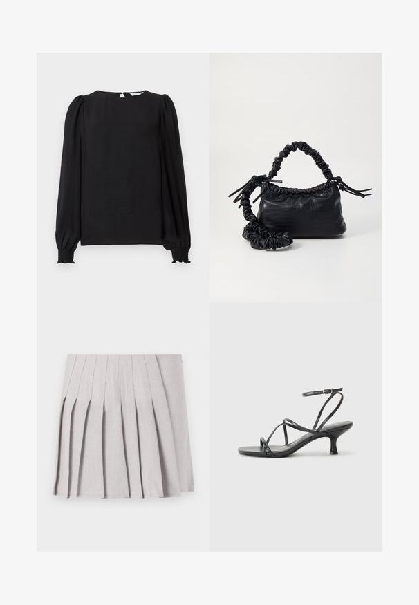 Blusa preta com mangas longas e bufantes. Apresenta um decote arredondado, abertura em forma de gota nas costas e punhos franzidos para um ajuste perfeito. Textura suave.; Saia cinza plissada com uma textura suave, apresentando múltiplos pregas verticais e uma cintura ajustada. Feita de tecido leve.; Sandálias pretas de salto alto com tiras finas, design aberto na ponta e um pequeno salto largo. O material parece suave e brilhante.; Bolsa de mão em couro sintético preto com textura de crocodilo, topo franzido e alça enrugada. Apresenta um design suave e compacto.