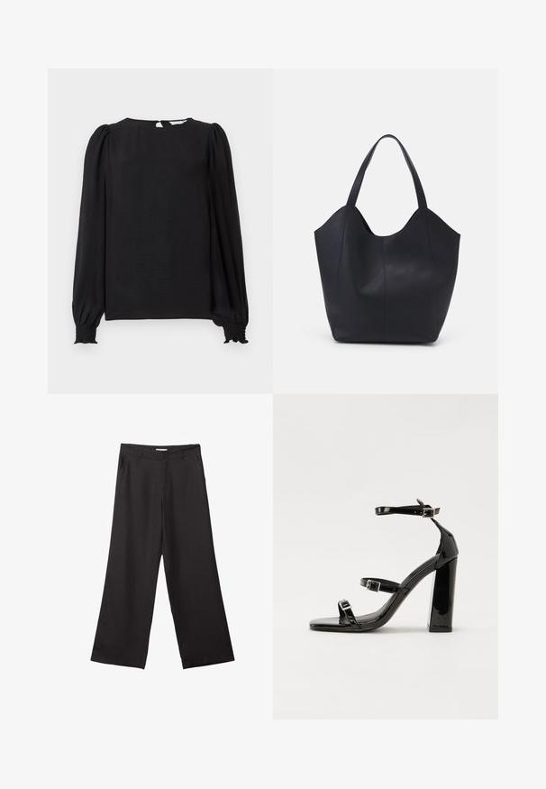 Schwarze Bluse mit langen, gepufften Ärmeln. Sie hat einen runden Ausschnitt, eine Schlüsselrückenöffnung und gesmokte Bündchen für einen figurbetonten Look. Glatte Textur.; Schwarze weite Hosen aus glattem Stoff, mit einem Reißverschluss vorne und zwei seitlichen Taschen, maßgeschneiderter Passform und minimalistischem Design.; Schwarze patentierte Sandalen mit Absatz, quadratischer Spitze, Knöchelriemen und silbernen Schnallen. Mit einem stabilen Blockabsatz für mehr Stabilität.; Schwarze Tote-Bag aus glattem Leder, mit einem abgerundeten, offenen Oberteil, zwei Schulterträgern und einem minimalistischen Design.