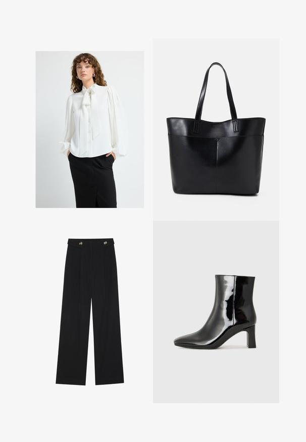 Vit blus med knuten hals, plisserade puffärmar och knapplist fram, ihop med en svart kjol med slits på sidan. Slät textur.; Svarta vida byxor med hög midja, knäppdetaljer i midjan och framfickor.; Svart lackläder ankelboot med spetsig tå och en medelhög klack. Slät textur och minimalistisk design.; Svart läder tote-väska med två långa handtag, en slät yta och en strukturerad form. Har en framficka för extra förvaring.