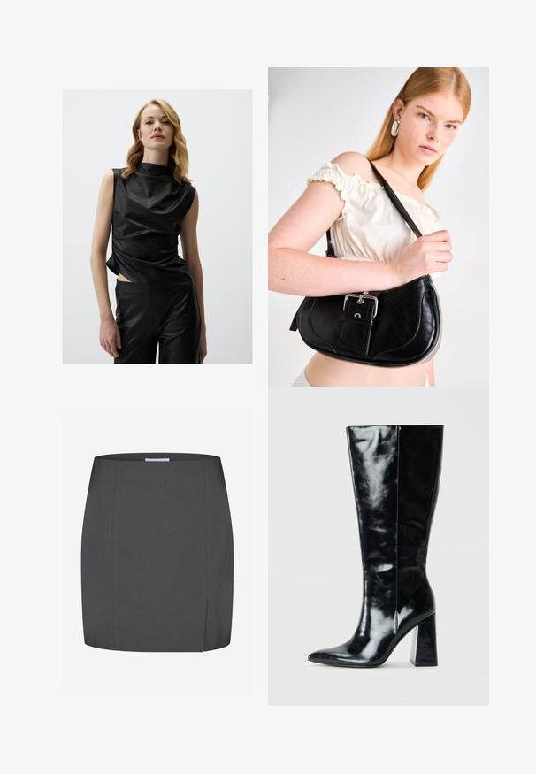 Zwarte mouwloze top van glanzend materiaal met een hoge kraag, voorzien van gedrapeerd stof en een zijsplit, gecombineerd met bijpassende zwarte broek.; Envii SPLIT - Kokerrok - grey; Zwarte kniehoge laarzen van glanzend leer, met een puntige neus en een chunky geometrische hak met een zachte textuur.; Zwarte leren schoudertas met een gebogen vorm, gepolijste zilveren hardware en een afneembare label. Gladde textuur met subtiele stikdetails.